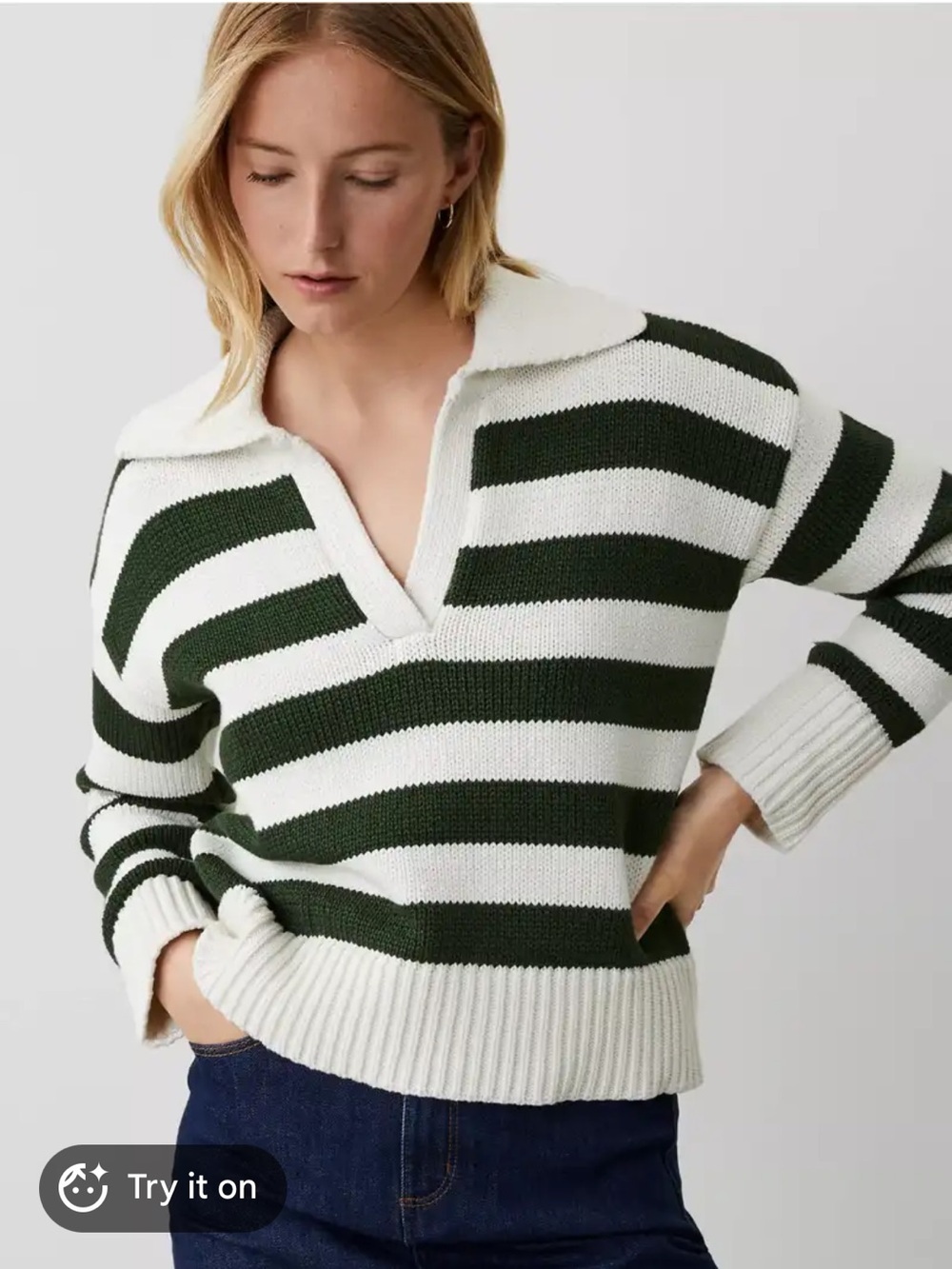 Ann Taylor Weekend Collection Striped Collared V-Neck Sweater Size XL